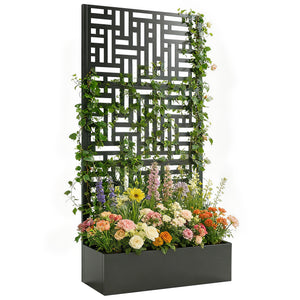 Jardinière avec treillis, bac à fleurs en acier galvanisé, lit surélevé avec brise-vue, trous de drainage, motif géométrique, pour plantes grimpantes, légumes, 90 x 40 x 180 cm, noir