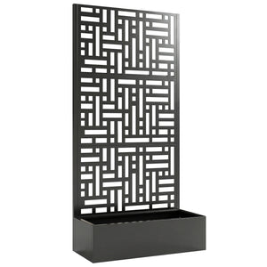 Jardinière avec treillis, bac à fleurs en acier galvanisé, lit surélevé avec brise-vue, trous de drainage, motif géométrique, pour plantes grimpantes, légumes, 90 x 40 x 180 cm, noir