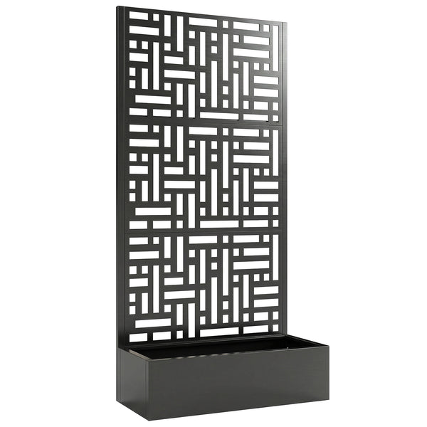 Jardinière avec treillis, bac à fleurs en acier galvanisé, lit surélevé avec brise-vue, trous de drainage, motif géométrique, pour plantes grimpantes, légumes, 90 x 40 x 180 cm, noir