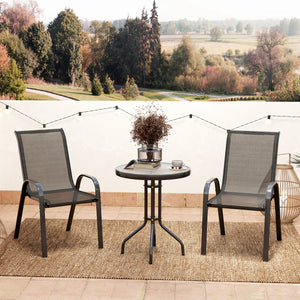 3 pièces salon de jardin extérieur, ensemble de meubles 2 fauteuils empilables, table basse avec dessus en verre trempé, tissu en textilène, pour patio, terrasse, balcon, noir