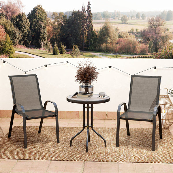 3 pièces salon de jardin extérieur, ensemble de meubles 2 fauteuils empilables, table basse avec dessus en verre trempé, tissu en textilène, pour patio, terrasse, balcon, noir