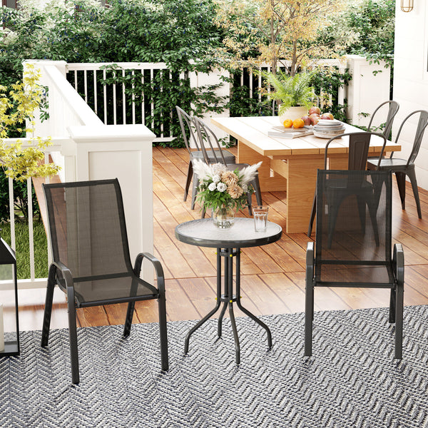 3 pièces salon de jardin extérieur, ensemble de meubles 2 fauteuils empilables, table basse avec dessus en verre trempé, tissu en textilène, pour patio, terrasse, balcon, noir