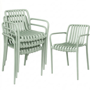 Lot de 4 Chaises de Jardin Empilables en Polypropylène Anti-UV - Fauteuil de Terrasse avec Accoudoirs et Dossier à Lattes Ergonomique - Chaises de Salle à Manger Extérieures, Gris Vert