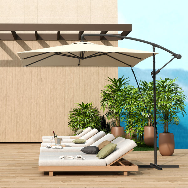 Parasol déporté 2,5 x 2,5 m, parasol de jardin extérieur, Toile ajustable, 8 baleines, base en croix et manivelle, Housse de Protection, kaki