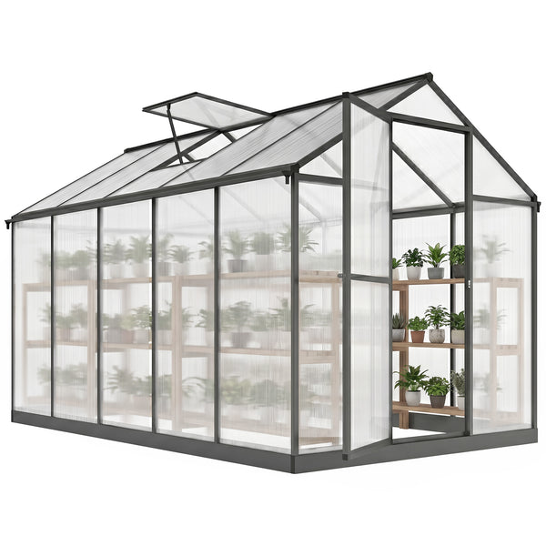 Serre de jardin en aluminium polycarbonate, serre avec fenêtres supérieures réglables, porte battante, abri extérieur résistant aux intempéries pour plante fleur, 303x183x195 cm, transparent