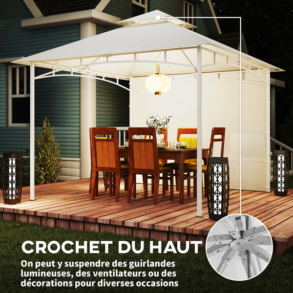 Pavillon 3 x 3 m, Toit Double, Abri de Jardin avec Rideaux et Poches de Rangement, Crochet de Plafond, Structure Métallique Solide, Blanc Crème