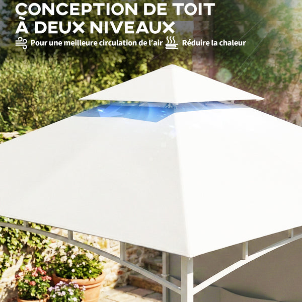 Pavillon 3 x 3 m, Toit Double, Abri de Jardin avec Rideaux et Poches de Rangement, Crochet de Plafond, Structure Métallique Solide, Blanc Crème