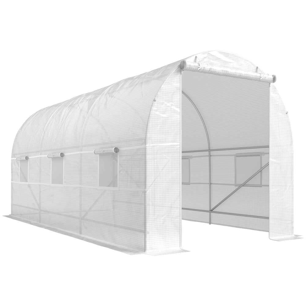 Serre tunnel de jardin 9m², serre de jardin tunnel 445x200x200cm avec porte et 6 fenêtres, pour extérieur, toutes saisons, légumes, fruits, fleurs, bâche PE haute densité 140 g/m² blanc