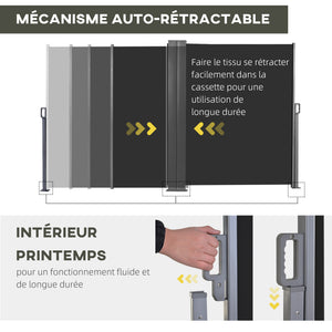 Double Store latéral Brise-Vue paravent rétractable dim. 6L x 1,80H m Polyester Anti-UV Haute densité 180 g/m² Gris et noir