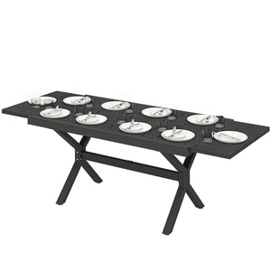 Table de Jardin Extensible Aluminium Effet Bois - 154-214 cm Table de Repas Extérieure pour 8-10 Personnes - Structure X Robuste et Pieds Réglables pour Terrasse et Jardin, Gris Anthracite