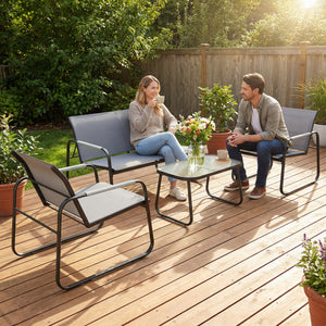 Salon de Jardin 4 Pièces en Acier et Textilène - Ensemble de Terrasse avec Accoudoirs Corde Tressée, Canapé 2 Places, 2 Fauteuils et Table Basse en Verre Trempé Cannelé pour Balcon, Gris