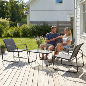 Salon de Jardin 4 Pièces en Acier et Textilène - Ensemble de Terrasse avec Accoudoirs Corde Tressée, Canapé 2 Places, 2 Fauteuils et Table Basse en Verre Trempé Cannelé pour Balcon, Gris