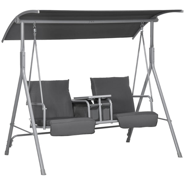 Balancelle de jardin 2 places avec auvent inclinable tablette centrale 2 porte-gobelets pour terrasse 175L x 112l x 158H cm balcon gris