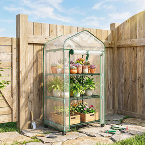 Serre de jardin PVC avec étagères 3 niveaux, serre de balcon, bâche PVC, châssis en acier, porte zippée enroulable, pour légumes plantes fleurs, 69x49x130cm, transparent