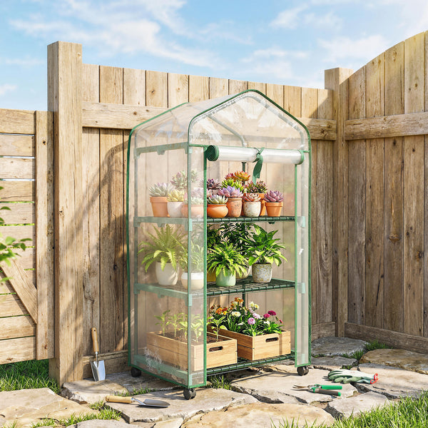 Serre de jardin PVC avec étagères 3 niveaux, serre de balcon, bâche PVC, châssis en acier, porte zippée enroulable, pour légumes plantes fleurs, 69x49x130cm, transparent