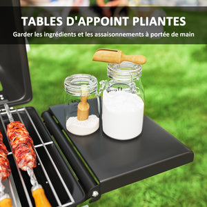 Barbecue gaz transportable pliable, 2 brûleurs 5,6 kW barbecue gaz de camping avec grille de cuisson, étagères latérales, couvercle, thermomètre et roues, pour camping, jardin et balcon noir