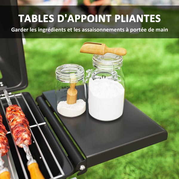 Barbecue gaz transportable pliable, 2 brûleurs 5,6 kW barbecue gaz de camping avec grille de cuisson, étagères latérales, couvercle, thermomètre et roues, pour camping, jardin et balcon noir