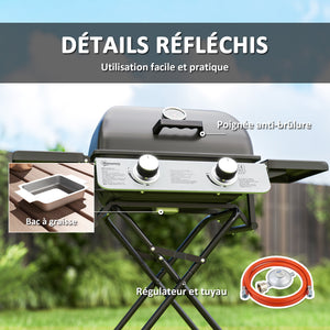 Barbecue gaz transportable pliable, 2 brûleurs 5,6 kW barbecue gaz de camping avec grille de cuisson, étagères latérales, couvercle, thermomètre et roues, pour camping, jardin et balcon noir
