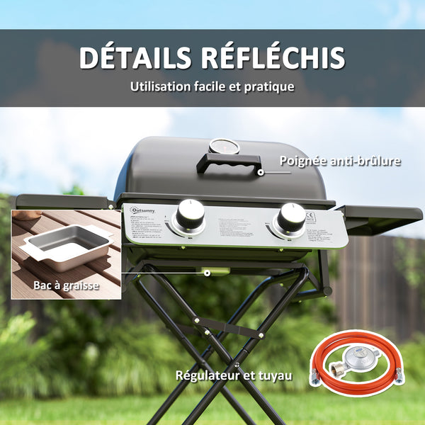 Barbecue gaz transportable pliable, 2 brûleurs 5,6 kW barbecue gaz de camping avec grille de cuisson, étagères latérales, couvercle, thermomètre et roues, pour camping, jardin et balcon noir