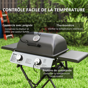 Barbecue gaz transportable pliable, 2 brûleurs 5,6 kW barbecue gaz de camping avec grille de cuisson, étagères latérales, couvercle, thermomètre et roues, pour camping, jardin et balcon noir
