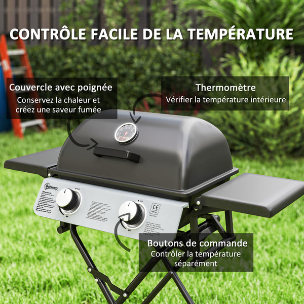 Barbecue gaz transportable pliable, 2 brûleurs 5,6 kW barbecue gaz de camping avec grille de cuisson, étagères latérales, couvercle, thermomètre et roues, pour camping, jardin et balcon noir