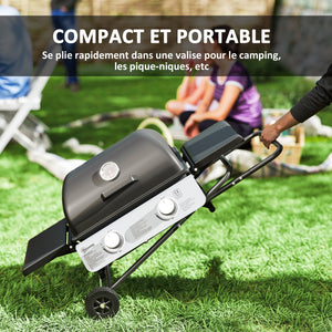 Barbecue gaz transportable pliable, 2 brûleurs 5,6 kW barbecue gaz de camping avec grille de cuisson, étagères latérales, couvercle, thermomètre et roues, pour camping, jardin et balcon noir