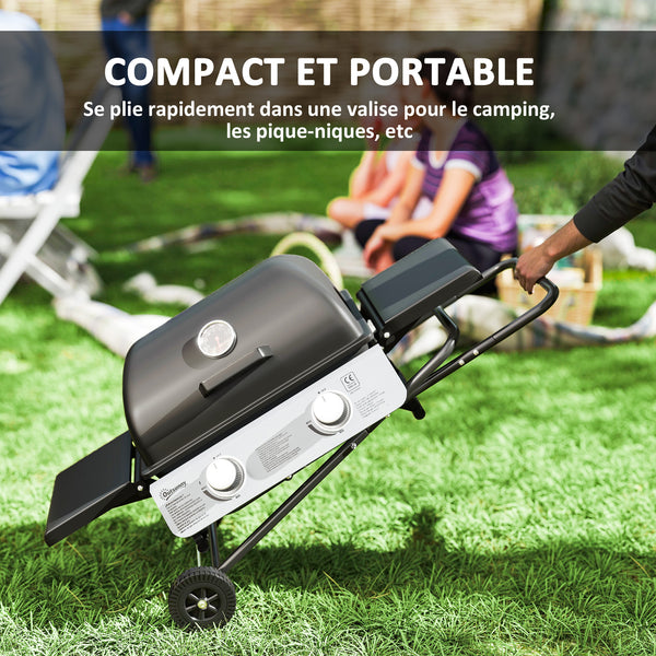 Barbecue gaz transportable pliable, 2 brûleurs 5,6 kW barbecue gaz de camping avec grille de cuisson, étagères latérales, couvercle, thermomètre et roues, pour camping, jardin et balcon noir