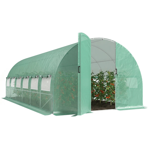 Serre tunnel de jardin 18m², serre de jardin tunnel 295x597x200cm avec portes et 12 fenêtres avec moustiquaires, bâche PE haute densité 140 g/m² prolongée de 20 cm, pour extérieur, vert