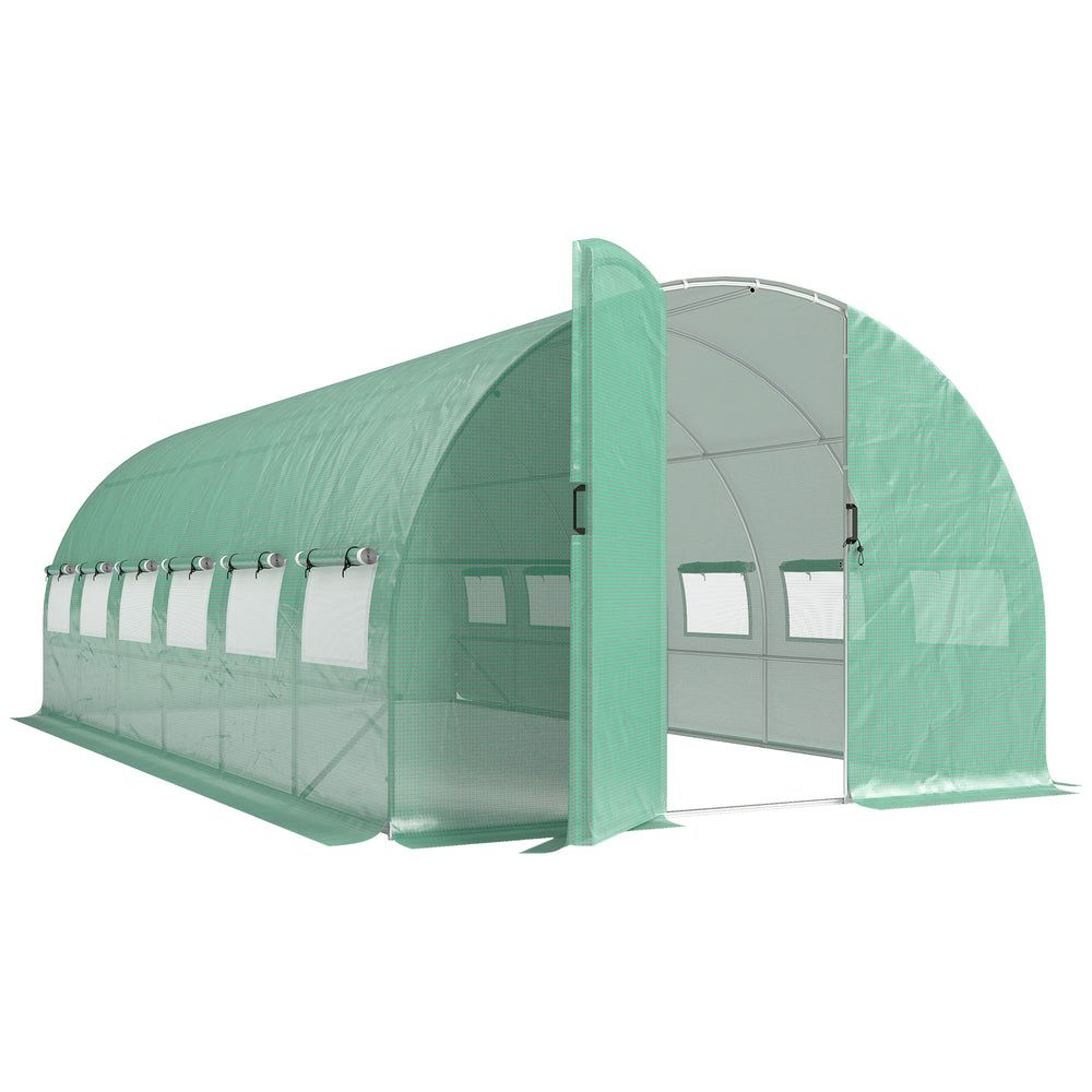 Serre tunnel de jardin 18m², serre de jardin tunnel 295x597x200cm avec portes et 12 fenêtres avec moustiquaires, bâche PE haute densité 140 g/m² prolongée de 20 cm, pour extérieur, vert