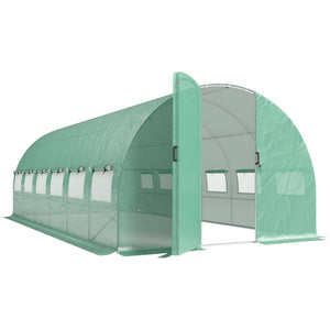 Serre tunnel de jardin 18m², serre de jardin tunnel 295x597x200cm avec portes et 12 fenêtres avec moustiquaires, bâche PE haute densité 140 g/m² prolongée de 20 cm, pour extérieur, vert