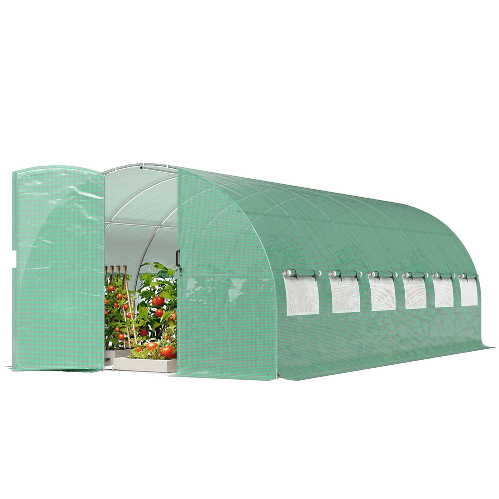 Serre tunnel de jardin 18m², serre de jardin tunnel 295x597x200cm avec portes et 12 fenêtres avec moustiquaires, bâche PE haute densité 140 g/m² prolongée de 20 cm, pour extérieur, vert