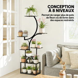 Étagère à fleurs en métal à 8 niveaux, étagère à plantes en forme de S 158,5 cm, support de plantes, intérieur et extérieur, pour jardin, balcon, terrasse ou coin du salon, noir