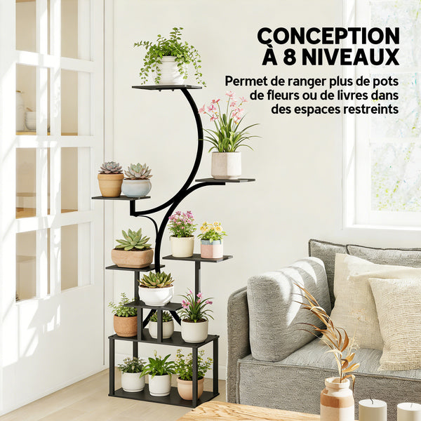 Étagère à fleurs en métal à 8 niveaux, étagère à plantes en forme de S 158,5 cm, support de plantes, intérieur et extérieur, pour jardin, balcon, terrasse ou coin du salon, noir