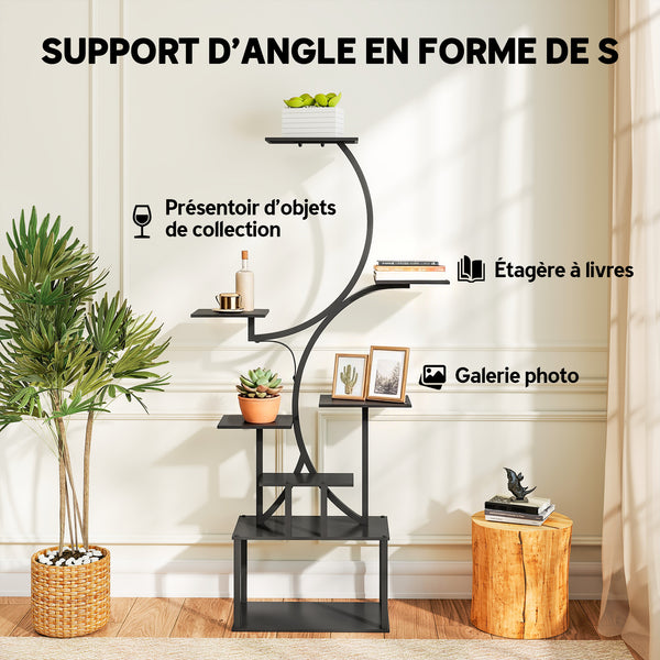 Étagère à fleurs en métal à 8 niveaux, étagère à plantes en forme de S 158,5 cm, support de plantes, intérieur et extérieur, pour jardin, balcon, terrasse ou coin du salon, noir