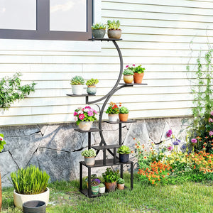 Étagère à fleurs en métal à 8 niveaux, étagère à plantes en forme de S 158,5 cm, support de plantes, intérieur et extérieur, pour jardin, balcon, terrasse ou coin du salon, noir