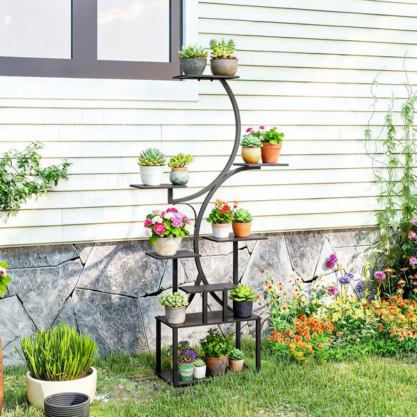 Étagère à fleurs en métal à 8 niveaux, étagère à plantes en forme de S 158,5 cm, support de plantes, intérieur et extérieur, pour jardin, balcon, terrasse ou coin du salon, noir