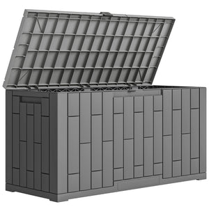 Coffre de Rangement Extérieur 227 L Verrouillable avec Vérin à Gaz, Boîte de Jardin en Aspect Bois Résistant aux UV, pour Outils Accessoires, 106,5x43x54,5cm, Gris