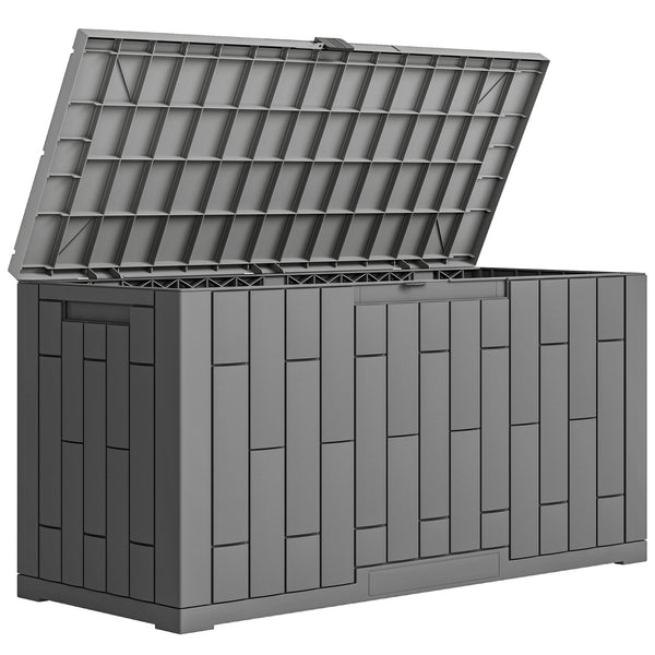 Coffre de Rangement Extérieur 227 L Verrouillable avec Vérin à Gaz, Boîte de Jardin en Aspect Bois Résistant aux UV, pour Outils Accessoires, 106,5x43x54,5cm, Gris