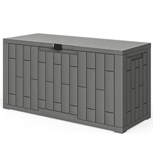 Coffre de Rangement Extérieur 227 L Verrouillable avec Vérin à Gaz, Boîte de Jardin en Aspect Bois Résistant aux UV, pour Outils Accessoires, 106,5x43x54,5cm, Gris
