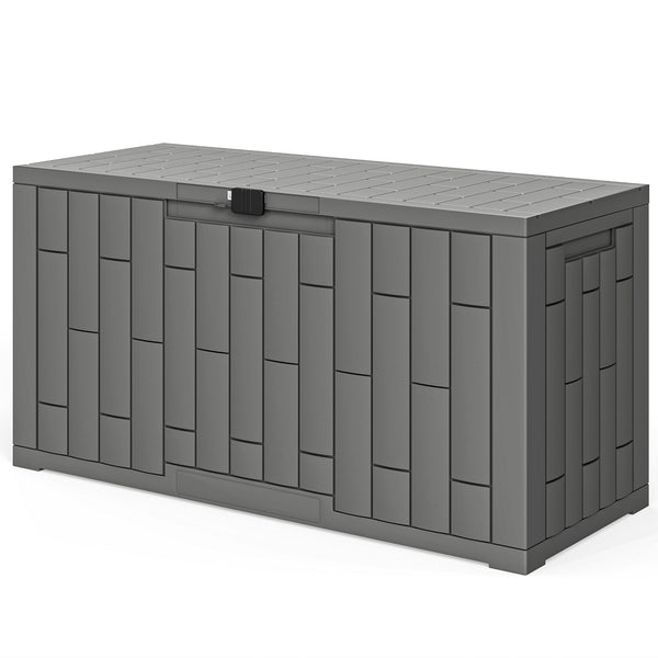 Coffre de Rangement Extérieur 227 L Verrouillable avec Vérin à Gaz, Boîte de Jardin en Aspect Bois Résistant aux UV, pour Outils Accessoires, 106,5x43x54,5cm, Gris