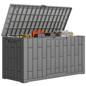 Coffre de Rangement Extérieur 227 L Verrouillable avec Vérin à Gaz, Boîte de Jardin en Aspect Bois Résistant aux UV, pour Outils Accessoires, 106,5x43x54,5cm, Gris