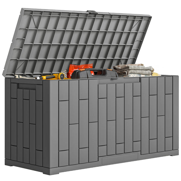 Coffre de Rangement Extérieur 227 L Verrouillable avec Vérin à Gaz, Boîte de Jardin en Aspect Bois Résistant aux UV, pour Outils Accessoires, 106,5x43x54,5cm, Gris