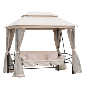 Balancelle de Jardin 3 Places Convertible Style Colonial Grand Confort 2 Coussins + Matelas + moustiquaires Inclus Noir Beige