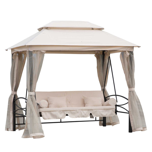 Balancelle de Jardin 3 Places Convertible Style Colonial Grand Confort 2 Coussins + Matelas + moustiquaires Inclus Noir Beige