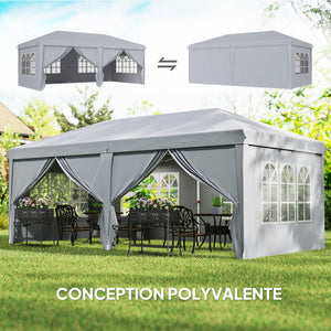 Tonnelle de jardin pliante 6 x 3 m tonnelle de jardin extérieure barnum pliant pop-up imperméabilisé 4 parois latérales amovibles 4 fenêtres + sac de transport gris clair