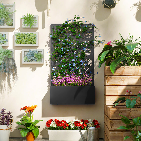 Jardinière avec treillis, brise-vue paravent, jardinière extérieure métal sur pieds ou murale, motif de feuilles rondes, bac à fleurs rectangulaire balcon terrasse, 61x23x113cm, noir