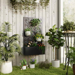 Jardinière avec treillis, brise-vue paravent, jardinière extérieure métal sur pieds ou murale, motif de feuilles rondes, bac à fleurs rectangulaire balcon terrasse, 61x23x113cm, noir