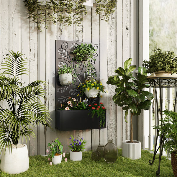 Jardinière avec treillis, brise-vue paravent, jardinière extérieure métal sur pieds ou murale, motif de feuilles rondes, bac à fleurs rectangulaire balcon terrasse, 61x23x113cm, noir