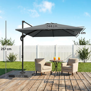Parasol déporté carré 2,4x2,4m avec pied et dalles lestage - parasol de jardin extérieur, mât aluminium et rotatif 360° par pédale - UV50+ et inclinaison 5 positions pour terrasse, gris