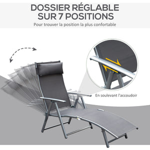 transat Chaise Longue Bain de Soleil Pliable Dossier inclinable Multi-Positions têtière fournie 137L x 64l x 101H cm métal époxy textilène Gris